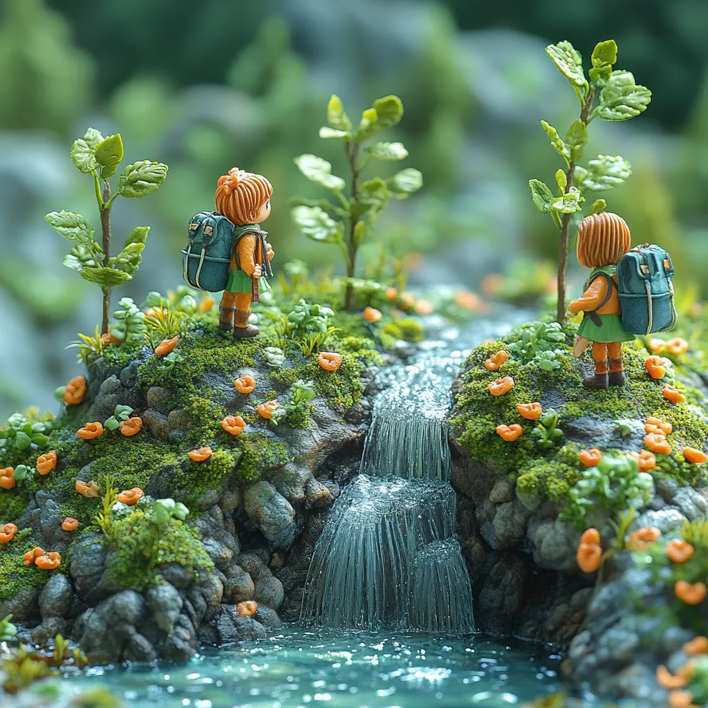 Two miniature hikers with backpacks stand on mossy hillsides flanking a small waterfall.  Orange flowers dot the landscape, which is lush with miniature greenery and small trees. The scene is a meticulously crafted diorama, showcasing impressive detail and a whimsical, enchanting atmosphere.  The water flows smoothly from the top of the miniature waterfall into a small pond.