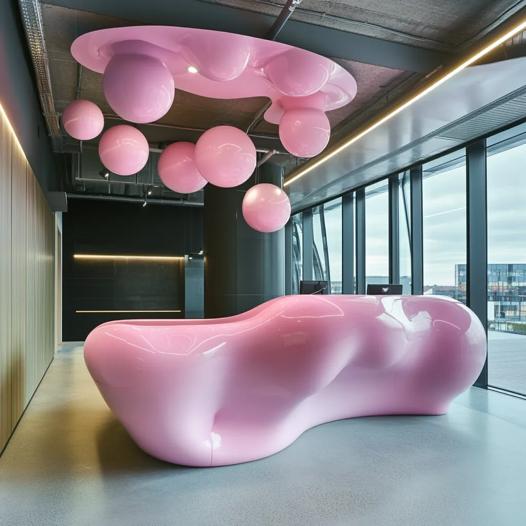 A modern office reception area features a unique, flowing pink reception desk resembling melted candy.  Above, a whimsical installation of pink spheres and a cloud-like form hangs from the ceiling.  The space is sleek and minimalist, with dark walls contrasting the bright pink elements. Large windows offer a view of a cityscape.  The overall design is playful yet sophisticated.