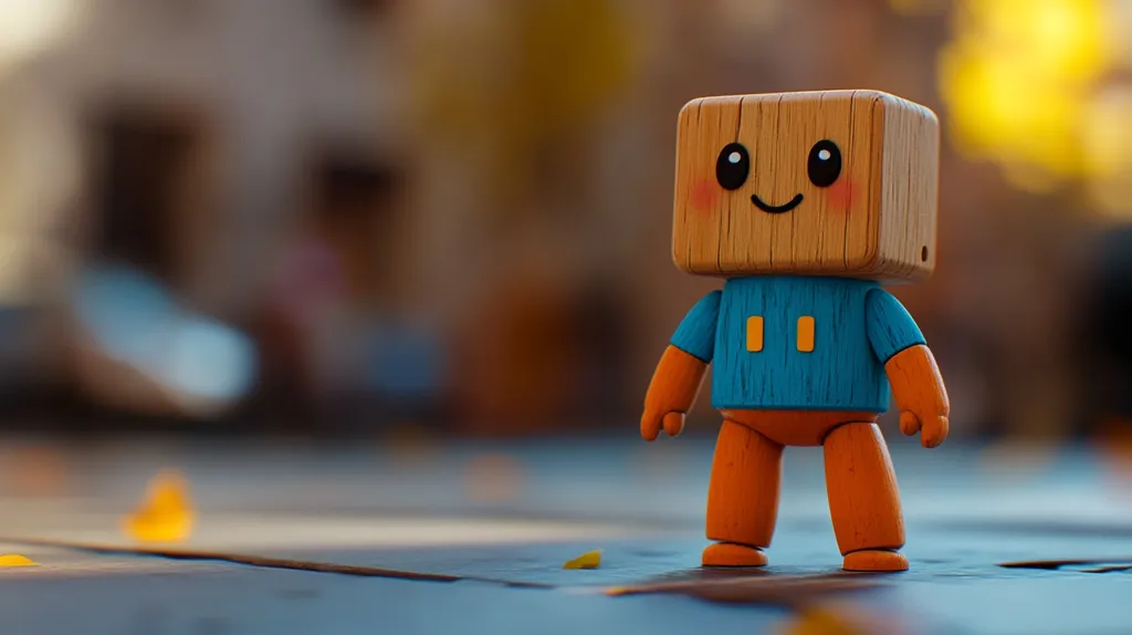 A charming wooden robot figurine stands on a blurred outdoor surface.  Its head is a simple cube with a painted-on smiling face, and it wears a teal shirt and orange pants.  The robot's design is simplistic and friendly, evoking feelings of warmth and playfulness.  The background is out of focus, highlighting the toy as the central point of interest.  A few fallen leaves lie nearby, adding to the autumnal ambiance.