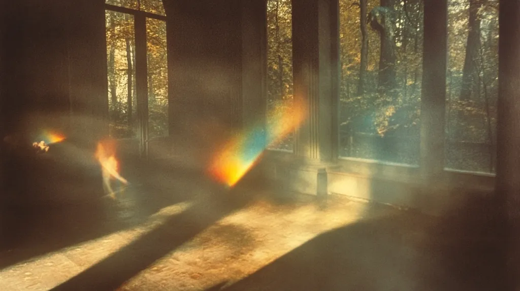 A sunlit room, possibly a conservatory, with large windows overlooking a forest.  Blurred, ethereal figures seem to float within the space, intersected by a vibrant rainbow-like light refraction. The atmosphere is dreamy and otherworldly, with a hazy, nostalgic quality.  The shadows cast on the floor add depth and mystery to the scene.