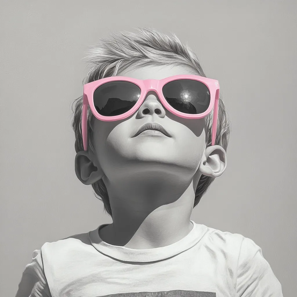 A grayscale portrait of a young boy wearing bright pink sunglasses.  His head is tilted back, and he looks upward, suggesting a feeling of carefree joy. The stark contrast between the monochrome background and the vibrant pink glasses creates a striking visual effect.  The boy's expression is serene and peaceful, emphasizing a sense of summer innocence.