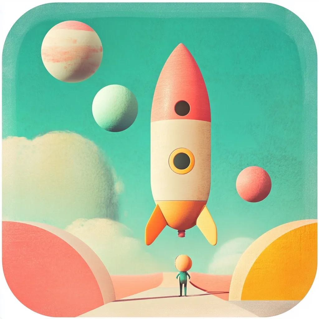 A stylized illustration depicts a small figure standing before a large, pastel-colored rocket hovering in a whimsical, dreamlike landscape.  Three planets float nearby. The scene evokes a sense of wonder and anticipation, suggesting a journey into the unknown or a bold new beginning. The color palette is soft and inviting, contributing to the overall playful yet hopeful mood.