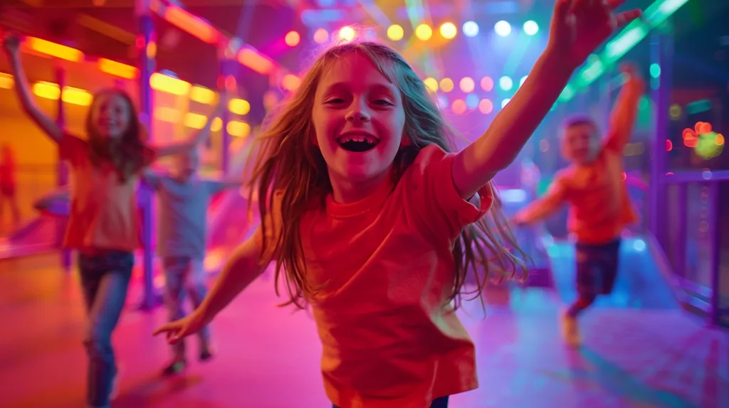 A girl with long blonde hair joyfully runs towards the camera in a brightly lit indoor play area.  Her orange shirt and exuberant expression capture the energy of the scene.  Two other children, blurred in the background, also participate in the fun, adding to the vibrant atmosphere of colorful lights and playful movement.