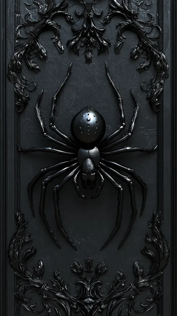 A large, black spider is depicted in high detail, centrally positioned against a dark, ornate background.  The spider's body is glossy, contrasting with the textured, baroque-style frame that surrounds it. The overall aesthetic is dark, gothic, and slightly macabre, suggesting a decorative piece with ominous undertones. The intricate details of both the spider and the frame are sharply defined.