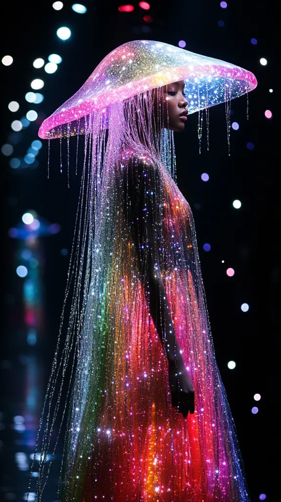 A model displays a breathtaking, futuristic gown.  The dress and hat are adorned with thousands of tiny lights, creating a mesmerizing rainbow effect.  The illuminated fibers cascade down, resembling a shimmering waterfall or jellyfish.  The overall look is ethereal and otherworldly, a stunning example of avant-garde fashion.