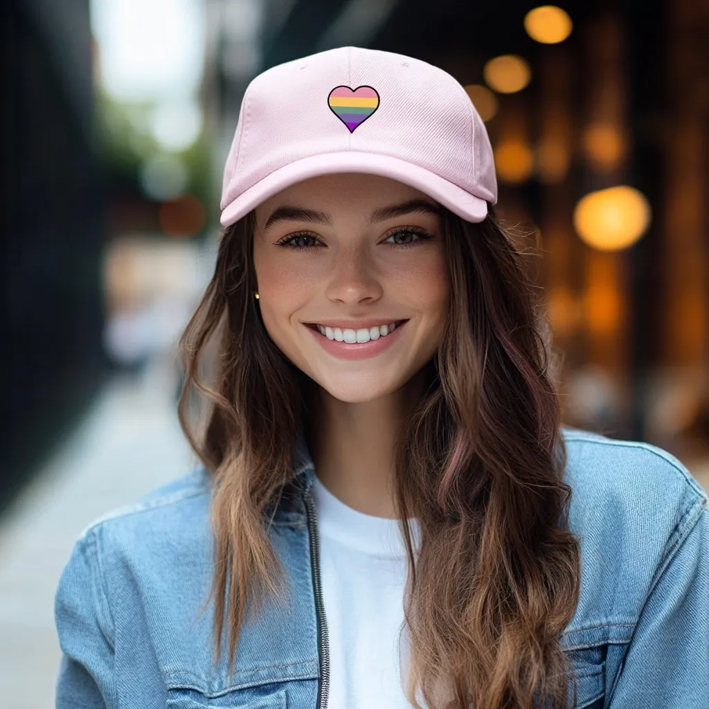 A young woman with long brown hair smiles at the camera. She is wearing a light pink baseball cap adorned with a small, rainbow-colored heart. Her denim jacket complements her casual yet stylish look.  The background is a blurred city street, suggesting an outdoor setting.  She appears happy and confident.