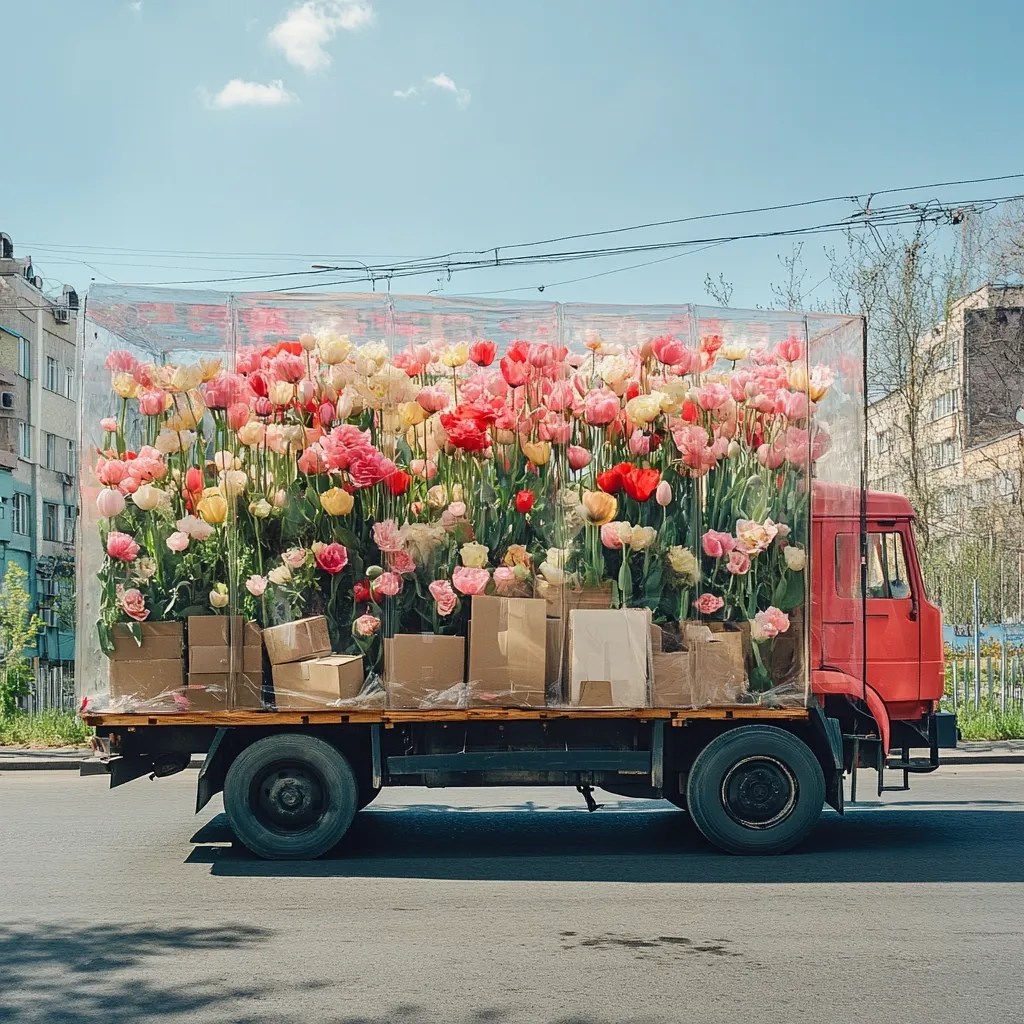 A red truck is parked on a city street, its bed filled with an abundance of vibrant tulips in various shades of pink, red, and yellow.  The flowers are enclosed in a transparent structure, providing protection during transport.  Cardboard boxes are interspersed among the blooms, suggesting preparation for delivery or sale.  The scene is bathed in bright sunlight, with a clear blue sky in the background.