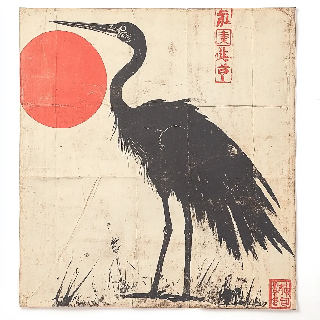 A striking monochrome print depicts a crane silhouetted against a large, vibrant red circle, suggestive of a rising sun. The crane is rendered in stark black ink, its long neck and legs elegantly extended.  The background is a textured off-white, hinting at age and possibly depicting sparse grasses at the bird's feet.  Japanese characters are visible in the upper right corner and a small seal is present in the lower right.  The overall aesthetic is minimalist and evocative of traditional Japanese woodblock printing.