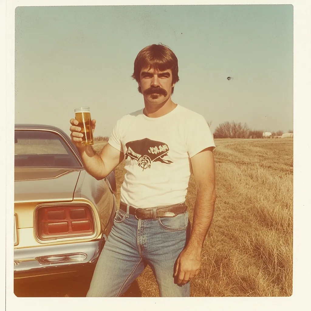 A vintage photograph shows a man with a thick mustache holding a beer. He's wearing a white t-shirt with a car graphic, blue jeans, and a brown belt. He stands beside a gold-colored classic car in a field of dry grass under a clear sky. The photo has a warm, nostalgic tone, typical of snapshots from the 1970s.