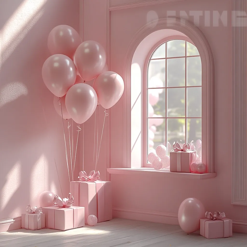 A pink room bathed in sunlight features a cluster of pale pink balloons tied to presents.  More gifts, adorned with pink ribbons, are arranged on the floor and a windowsill.  A charming arch-topped window overlooks a blurred green garden. The overall aesthetic is soft, dreamy, and celebratory.