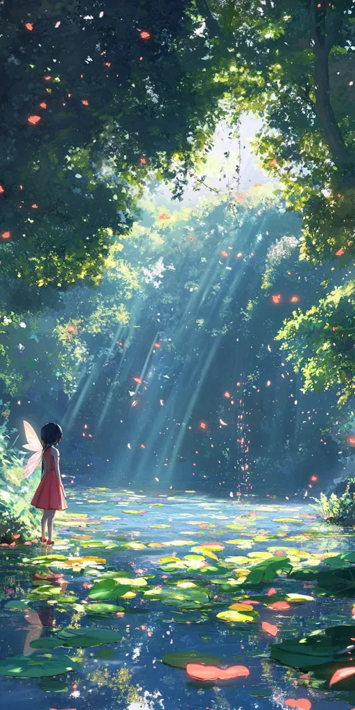 A young girl with fairy wings stands by a serene pond, surrounded by lush greenery.  Sunlight streams through the leaves, creating a magical atmosphere.  Pink petals gently drift on the water's surface, which is covered in lily pads. The scene evokes a sense of peace and tranquility in a whimsical, dreamlike forest setting.