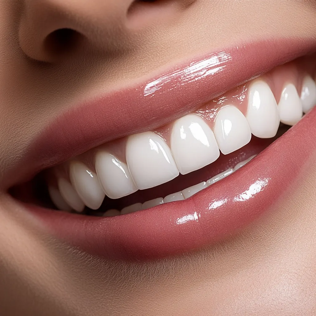 A close-up showcases a radiant smile featuring perfectly aligned, bright white teeth.  The lips are full and a soft, glossy mauve pink, enhancing the overall aesthetic.  The image emphasizes healthy, beautiful teeth and a flawless complexion.  The focus is sharply on the teeth and lips, creating a visually striking and appealing image.