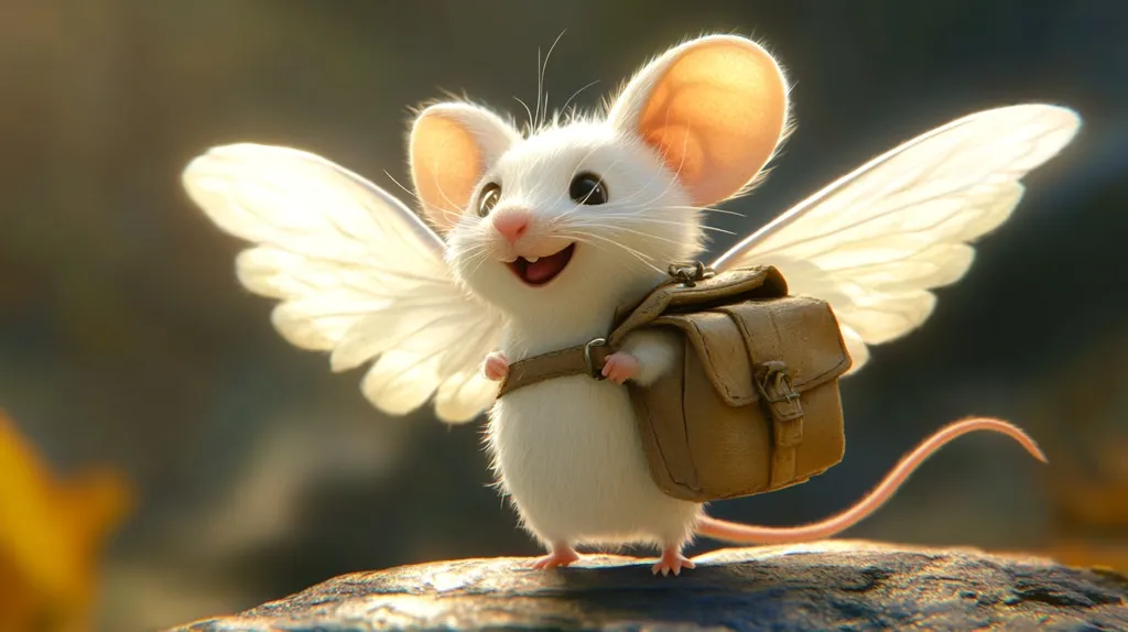 A charming, digitally rendered image showcases a white mouse with large, translucent wings and a small, tan backpack.  The mouse is depicted with a joyful expression, standing on a rock.  The scene is softly lit, highlighting the mouse's fluffy fur and the delicate wings, creating a whimsical and enchanting atmosphere.