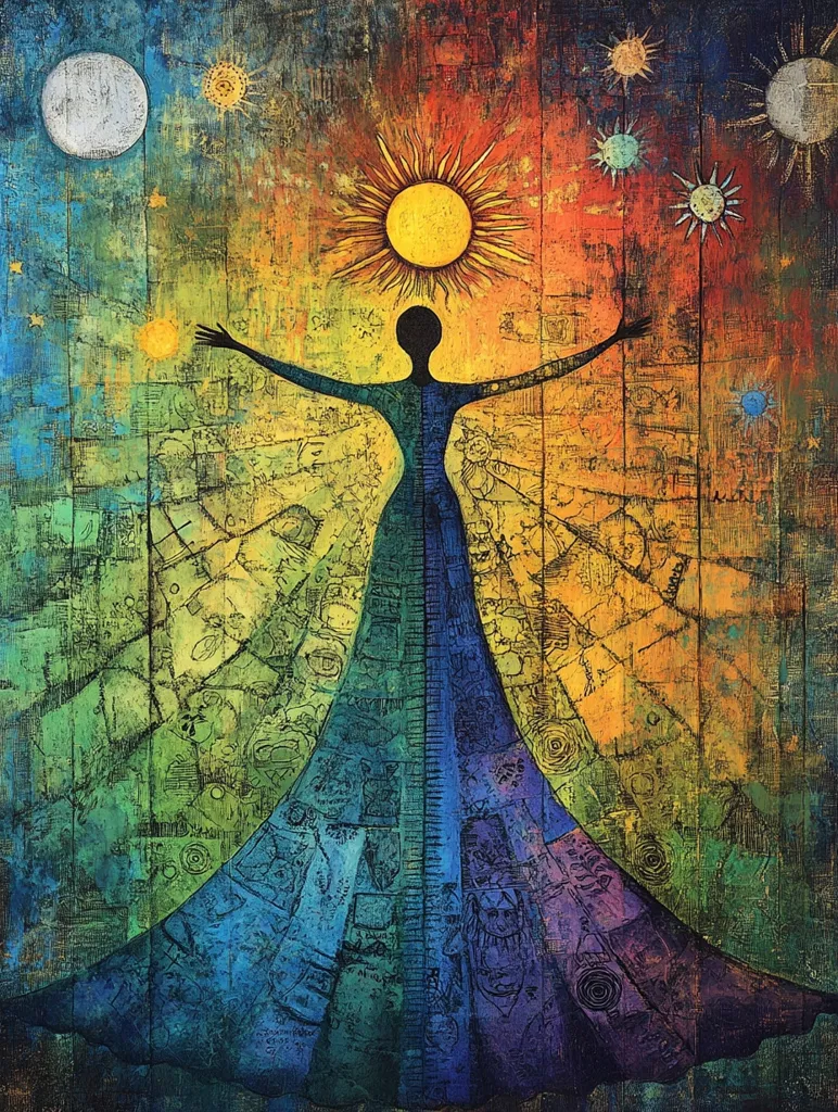 A vibrant abstract painting depicts a stylized female figure with outstretched arms, positioned between a sun and moon.  Her flowing gown radiates a spectrum of colors, mirroring a celestial scene of stars and planets.  The textured background suggests a cosmic landscape, blending earthy tones with brighter hues. The overall effect is one of spiritual energy and interconnectedness between the earthly and celestial realms.
