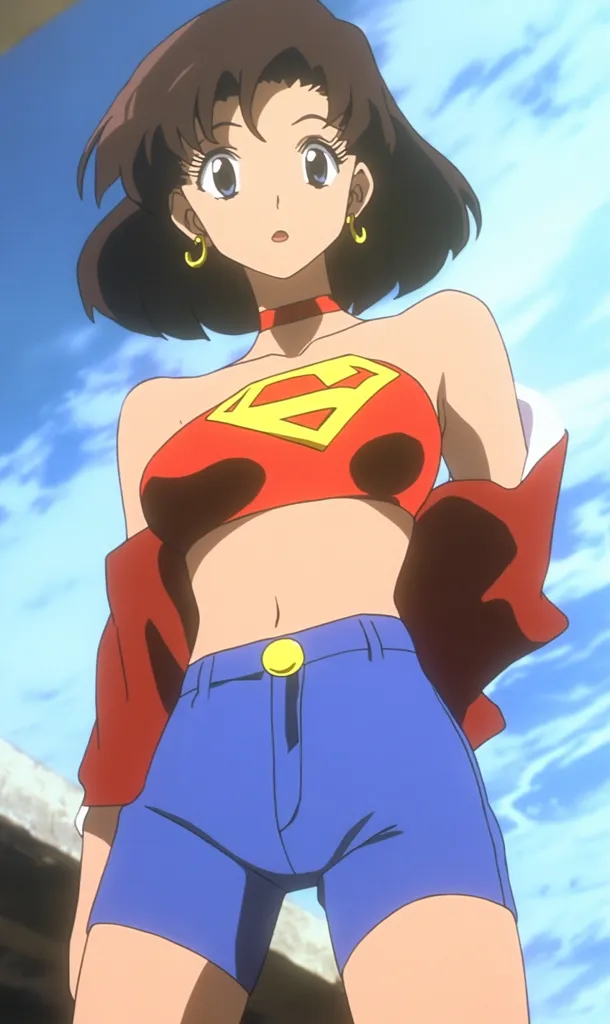 An anime-style girl with short brown hair gazes upward. She wears a red cropped top bearing a Superman-esque symbol, blue denim shorts, and gold hoop earrings.  A red jacket is draped over her shoulders.  The setting appears to be outdoors, under a bright blue sky.  Her expression is one of mild surprise or curiosity.