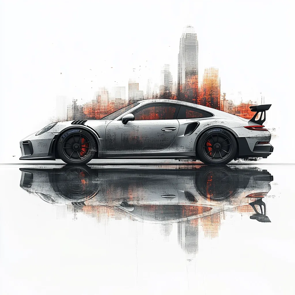 A sleek, silver Porsche 911 GT3 RS is depicted in profile, its reflection mirrored on a glossy surface. The car is subtly textured, giving a sense of age or wear. A stylized cityscape backdrop, rendered in warm orange and grey tones, provides contrast.  The overall aesthetic is a blend of realism and artistic expression, creating a dynamic and stylish image.