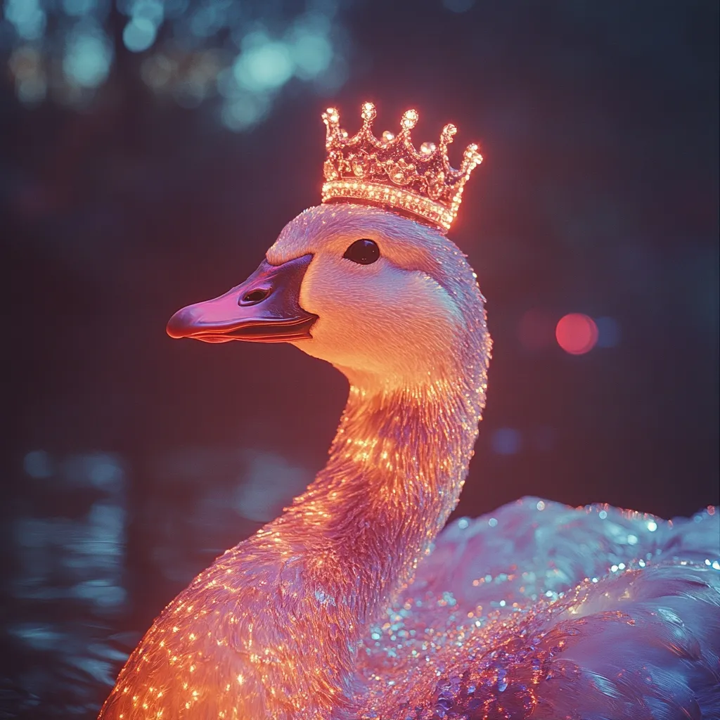 A swan, adorned with a glittering golden crown, is the centerpiece of this digitally enhanced image.  The swan's feathers shimmer with an ethereal, warm light, creating a magical, almost otherworldly atmosphere. The background is blurred, focusing attention on the regal bird.  The overall effect is dreamy and fantastical.