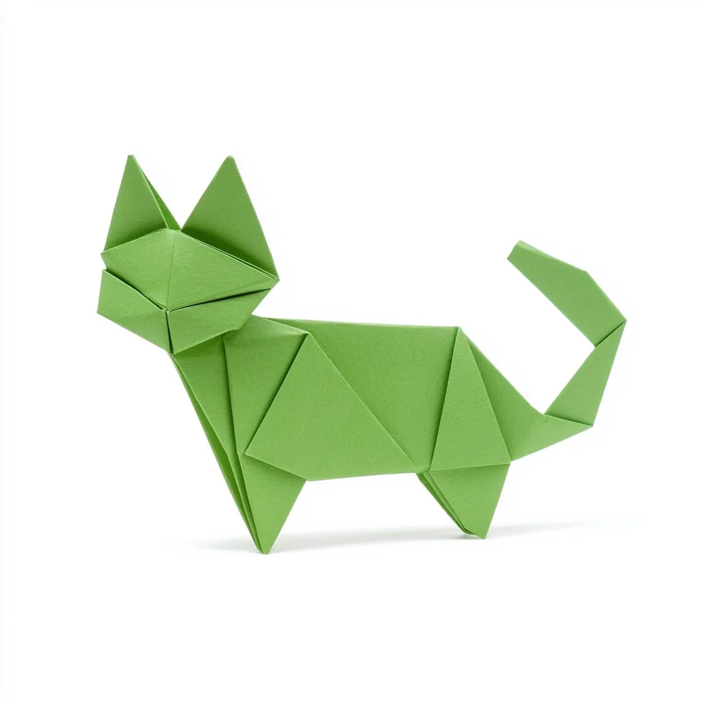 A charming origami cat, crafted from light green paper, sits against a stark white backdrop.  The simple yet elegant folds create a recognizable feline form with pointed ears and a curled tail. The model's clean lines and solid color showcase the precision of the origami technique.  The image is a study in simplicity and artistry.