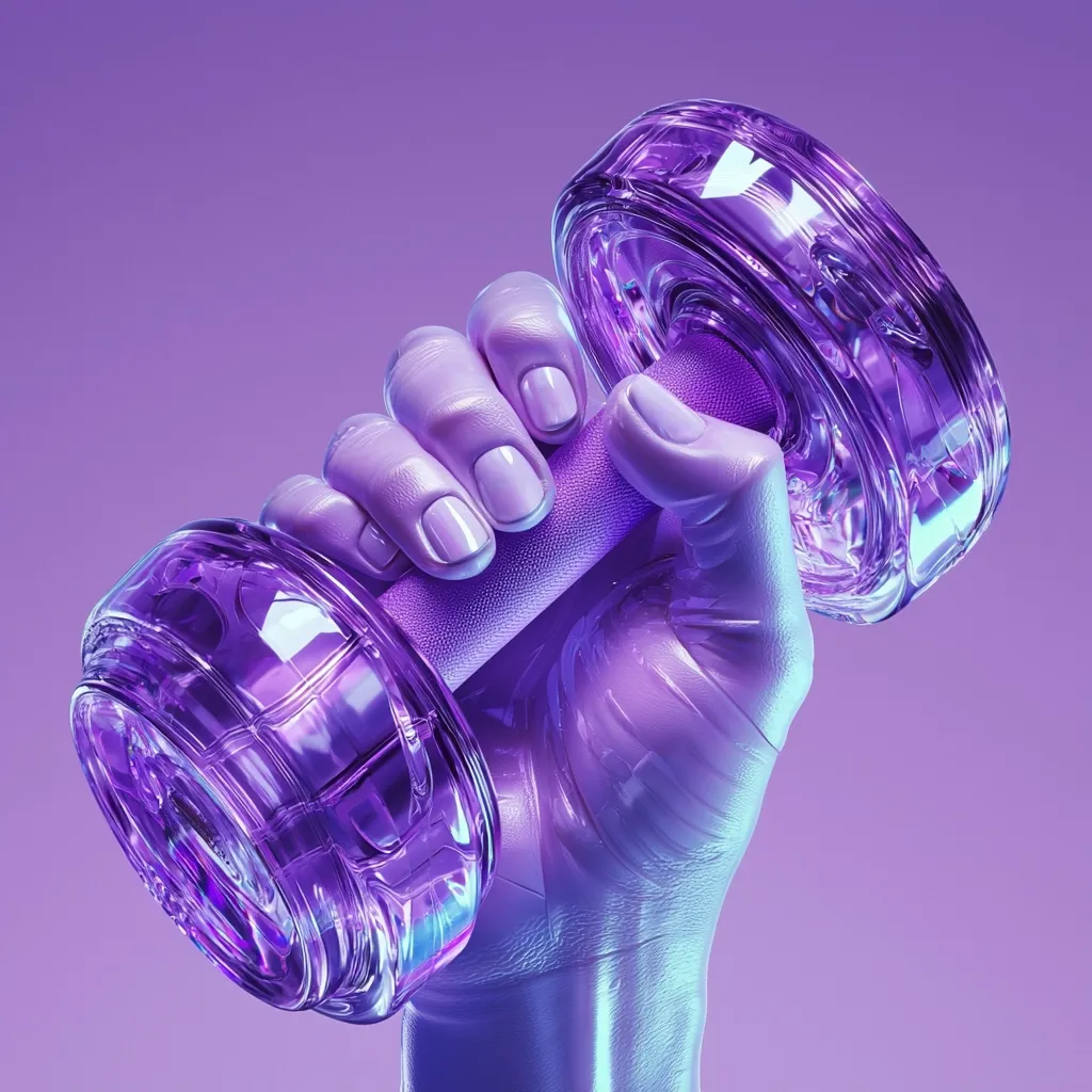 A stylized image showcases a hand holding a purple dumbbell.  The dumbbell and hand appear translucent and iridescent, bathed in a vibrant purple light. The scene is minimalist, with a focus on the smooth lines and reflective surfaces of the object. The overall effect is sleek and modern, suggesting themes of fitness, health, and contemporary aesthetics.