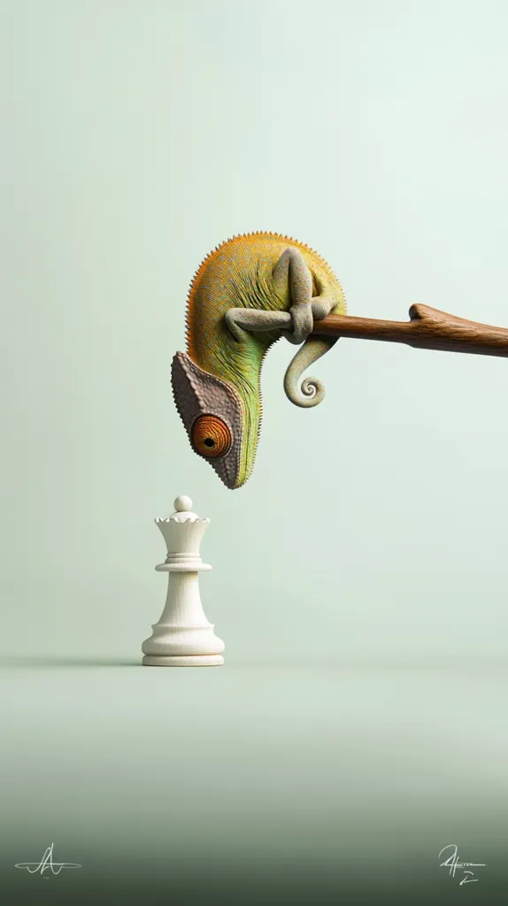A chameleon hangs upside down from a branch, its gaze fixed on a white chess queen.  The scene is minimalist, set against a muted green backdrop. The juxtaposition of the reptile and chess piece creates a surreal and intriguing image, suggesting themes of strategy, observation, and unexpected encounters.