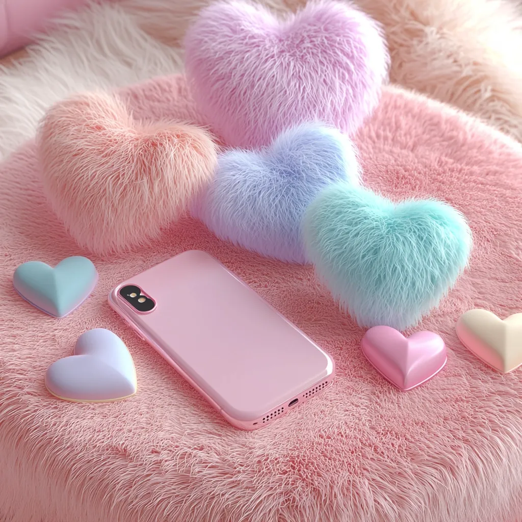 A pink smartphone rests on a fluffy pink surface surrounded by pastel-colored heart-shaped pillows.  Smaller, similarly colored heart-shaped objects are scattered around the phone, creating a soft, romantic, and whimsical scene. The overall aesthetic is incredibly girly and cute.