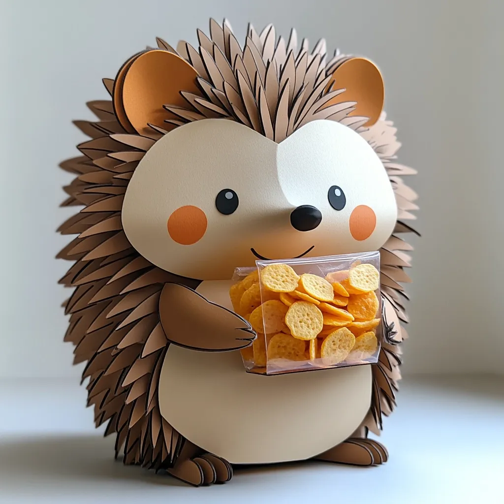 An adorable papercraft hedgehog, crafted from brown and beige paper, stands proudly holding a small bag of orange, round snacks.  Its quills are meticulously layered, and its large, expressive eyes and cheerful smile add to its charming appeal. The hedgehog's design is simple yet detailed, showcasing a unique blend of cuteness and craftsmanship.