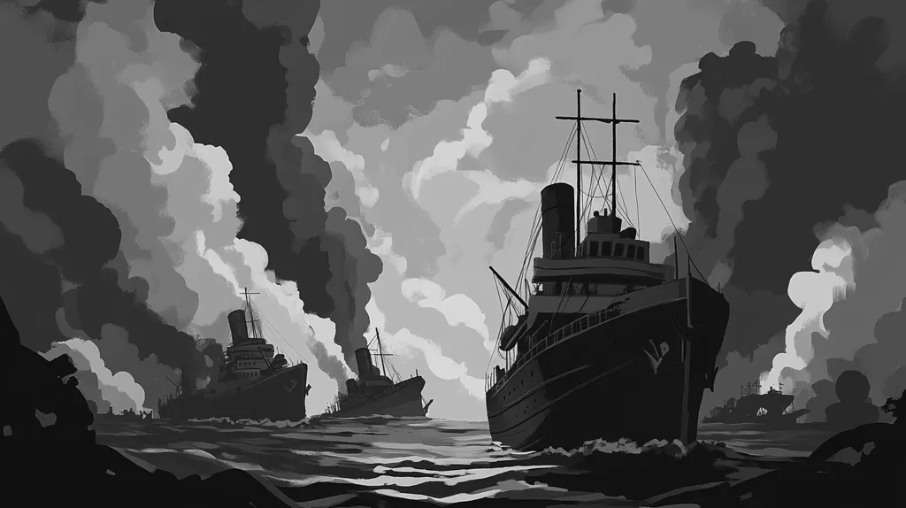 A grayscale illustration depicts a fleet of ships sailing on a choppy sea under a dramatic sky.  Dark, smoky clouds fill the upper portion of the image, contrasting with lighter clouds below. The largest ship, in the foreground, is sharply defined, while the others recede into the distance, becoming less distinct under the brooding atmosphere.  Smaller vessels are visible in the far background, adding to the sense of scale and maritime activity.