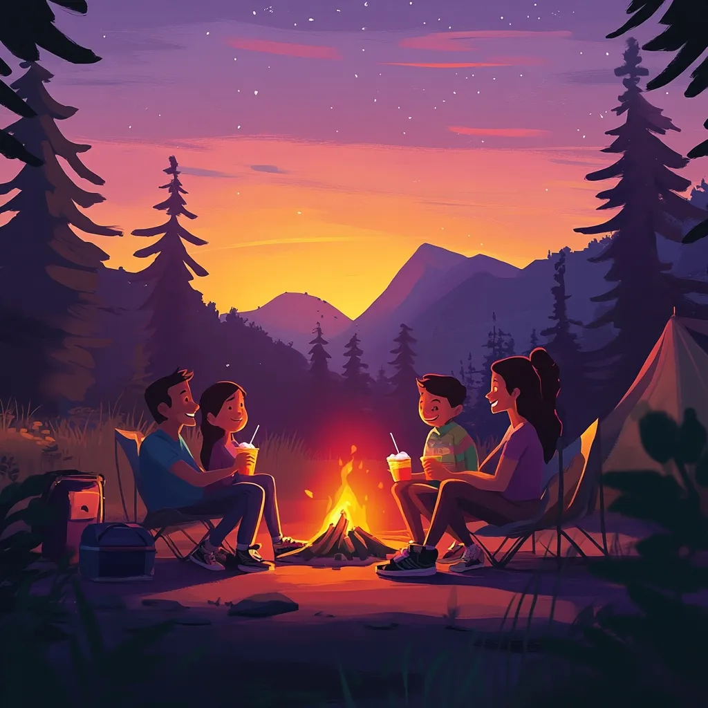 A family of four enjoys a cozy campfire in a mountainous forest at sunset.  Two adults and two children sit in camping chairs, sipping drinks, as flames dance in the fire pit.  A tent is pitched nearby, suggesting an overnight camping trip. The warm colors of the sunset contrast beautifully with the dark silhouettes of the trees. The scene evokes feelings of warmth, family, and the beauty of nature.