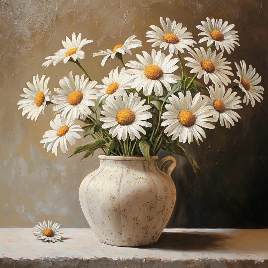A still life painting showcases a bouquet of daisies in a cream-colored, rustic vase.  The daisies, with their bright yellow centers and white petals, are arranged with a natural, slightly unkempt feel.  The vase is distressed, adding to the painting's overall vintage charm.  A single daisy lies on the surface near the vase. The background is a muted, earthy tone, emphasizing the bright blooms.