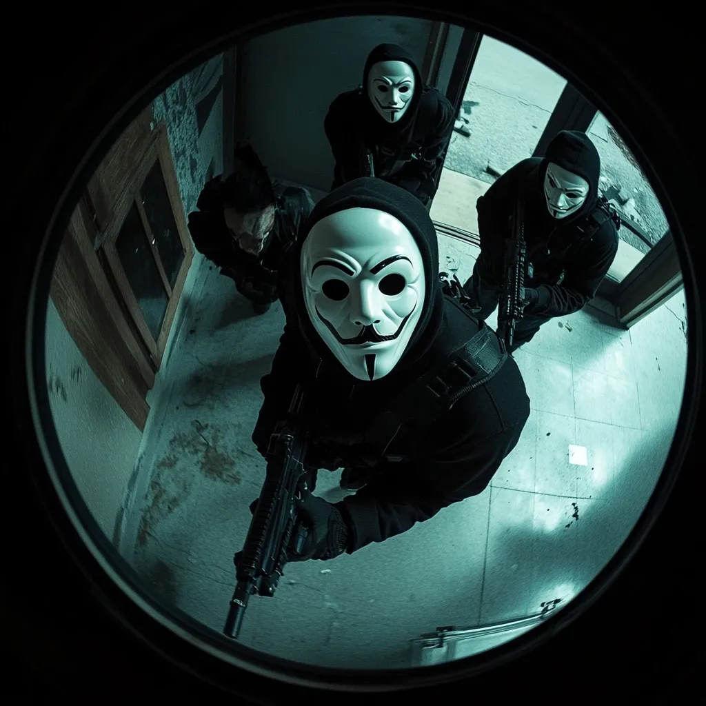 A fisheye lens captures three figures in Guy Fawkes masks, clad in tactical gear and wielding firearms.  They are seen from a low angle, seemingly inside a building, their presence ominous and suggestive of a covert operation or intrusion.  The grainy, dark ambiance adds to the clandestine atmosphere.  One figure is slightly behind the others, creating a sense of depth and teamwork.