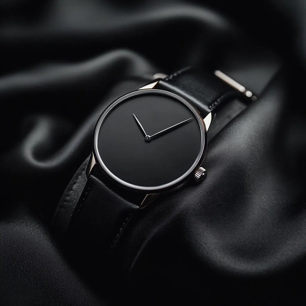 A sophisticated black wristwatch with a minimalist design rests on a black satin fabric.  The watch features a dark face, simple hands, and a black leather strap.  The subtle rose gold accents on the case add a touch of elegance. The overall aesthetic is sleek and understated, exuding luxury and refinement.