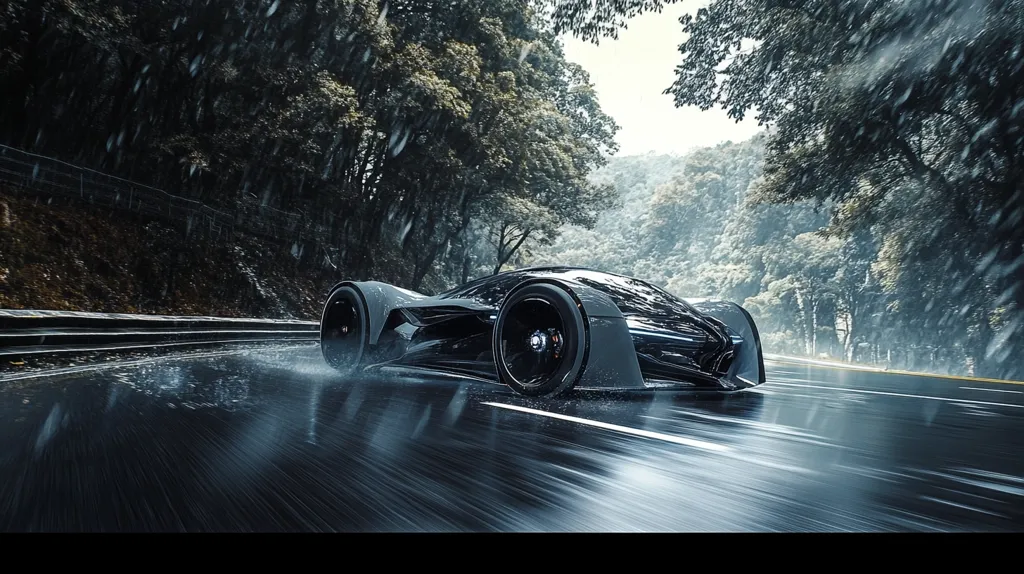 A sleek, dark-grey futuristic sports car speeds down a rain-slicked road, cutting through a dense forest.  Rain streaks across the car's body and the asphalt, blurring the background. The car's design is aerodynamic and low to the ground, with large, prominent wheels. The overall mood is one of dramatic speed and intensity.