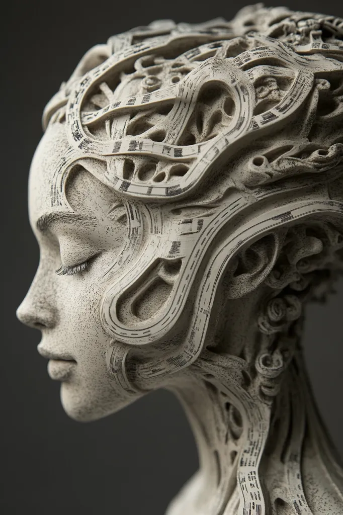 A detailed close-up of a sculpted head and neck, rendered in off-white stone. The surface is intricately carved with swirling, organic patterns that evoke both technological and biological forms.  The face is serene, eyes closed, suggesting a moment of peaceful contemplation.  The texture is rough, adding to the piece's artistic depth and mysterious aura. The sculpture's style blends futuristic elements with classical sculpting techniques.