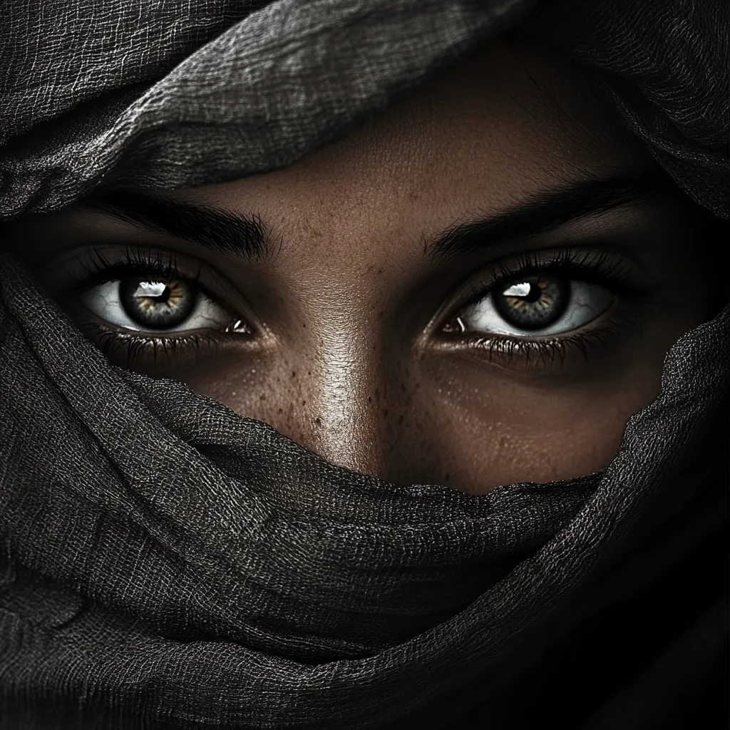 Close-up portrait of a woman's face partially obscured by a dark, textured fabric draped over her head and face.  Only her expressive eyes, framed by dark lashes and eyebrows, and the top of her nose and cheeks with freckles are visible.  The image creates a mysterious and alluring mood with its dramatic lighting and focus on the eyes. The dark tones emphasize the intensity of her gaze.