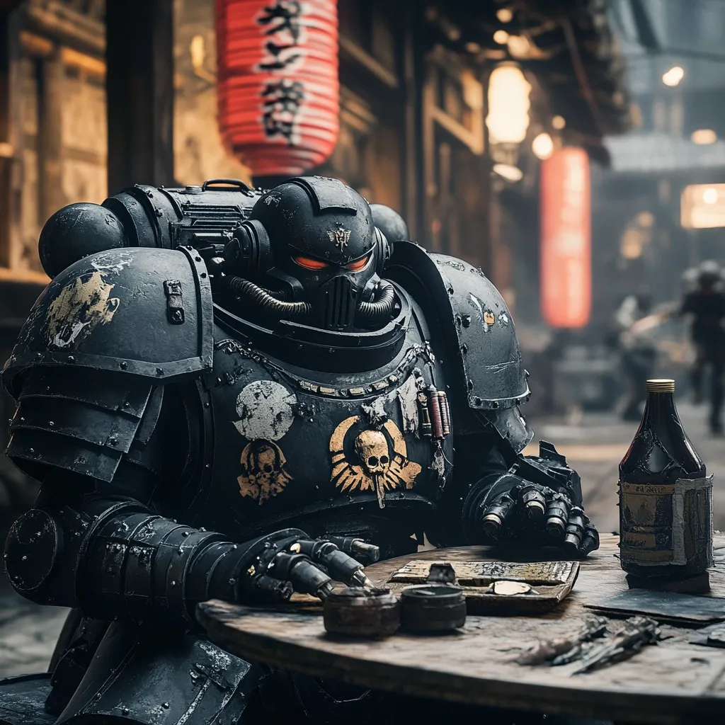 A heavily armored Space Marine, possibly from the Death Guard, sits at a weathered wooden table in a dimly lit, Asian-inspired alleyway.  His power armor shows signs of wear and battle damage.  He rests his hands on a worn document, a bottle of dark liquid sits beside it, suggesting a moment of rest or contemplation amidst a dangerous mission.  The background hints at a bustling, yet potentially hazardous, environment.