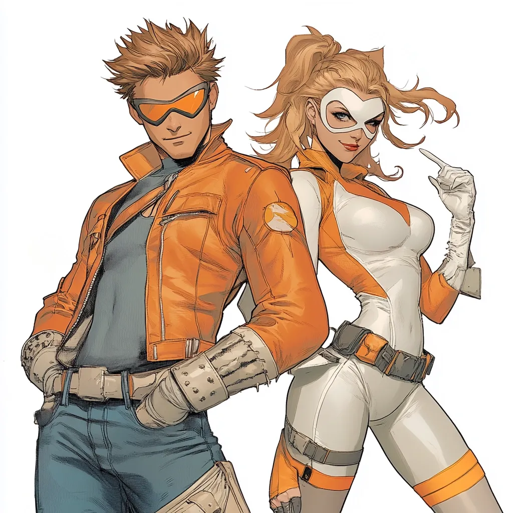 A dynamic illustration showcases two stylized characters, possibly superheroes.  The male figure, sporting an orange jacket and goggles, stands confidently. Beside him, a female character in a white, form-fitting suit with orange accents exudes power.  Both characters possess a futuristic aesthetic with detailed clothing and accessories suggesting a high-tech setting. Their poses and expressions convey a sense of readiness and teamwork.