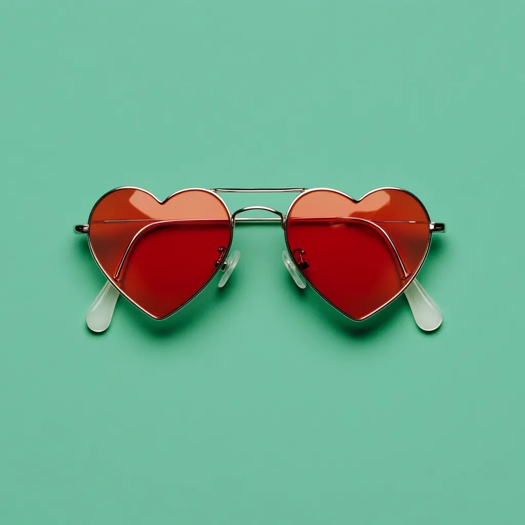 Heart-shaped sunglasses with red lenses and a silver metal frame rest on a teal background.  The sunglasses are positioned centrally, creating a visually appealing, symmetrical composition.  The vibrant red of the lenses contrasts sharply against the cool teal backdrop.  The image evokes feelings of love, fun, and summer.