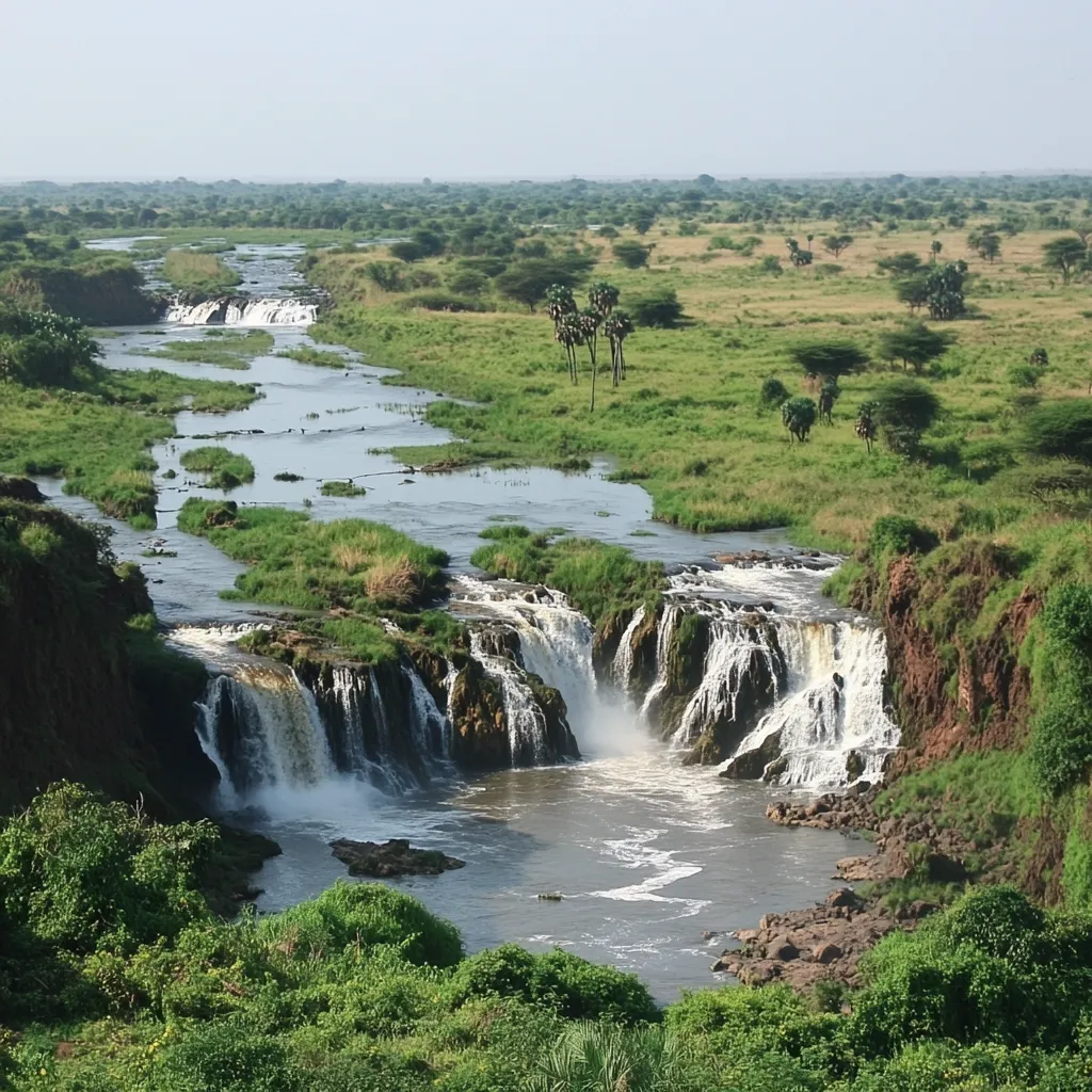A wide, serene river flows through a lush green landscape, culminating in a series of cascading waterfalls.  The water tumbles over rocky ledges, creating white froth against the darker riverbed.  Scattered trees and shrubs dot the landscape, extending to a flat, distant horizon under a clear sky.  The scene evokes a sense of tranquility and the beauty of untamed nature.