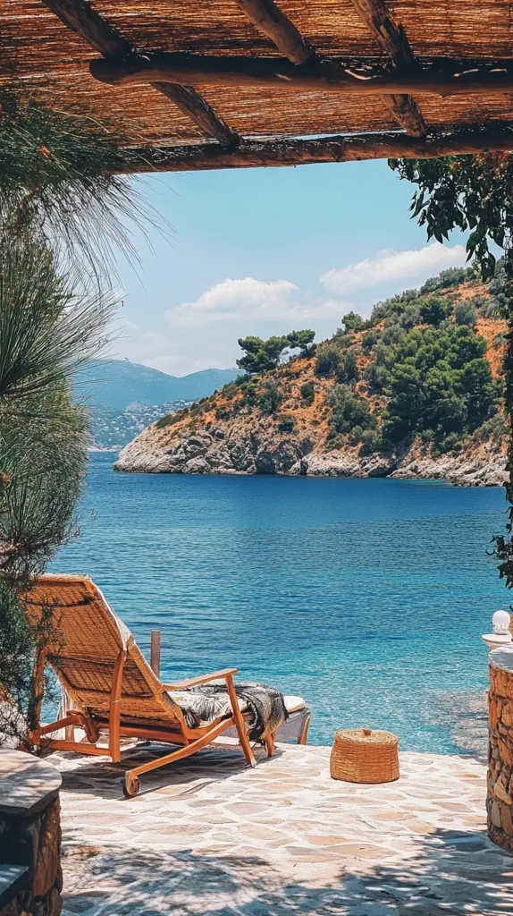 A tranquil scene unfolds under a sun-drenched pergola overlooking a serene, azure sea. A wooden chaise lounge invites relaxation, while a woven basket adds a touch of rustic charm.  The idyllic vista showcases a verdant hillside meeting the clear waters, creating a picturesque Mediterranean escape. The stone patio provides a peaceful spot to soak in the sun and breathtaking scenery.