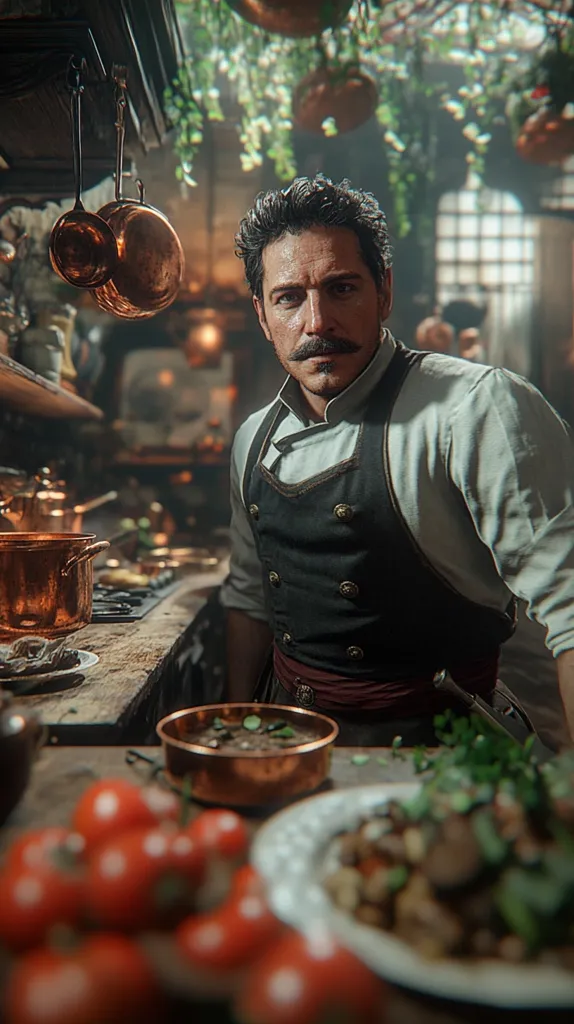 A man with a mustache, wearing a chef's apron and white shirt, stands in a dimly lit kitchen.  Copper pots and pans hang overhead.  He looks intensely at the viewer.  In the foreground, plates of food are partially visible:  a bowl of dark stew, a plate of vegetables, and a cluster of ripe red tomatoes.  The overall atmosphere is one of rustic charm and culinary expertise.
