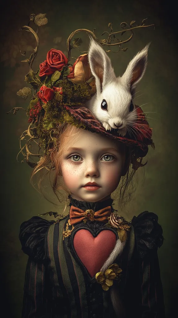 A young girl with fair skin and reddish-blonde hair wears an elaborate hat adorned with roses, moss, and a white rabbit.  The hat is perched atop her curls.  Her dark, Victorian-style dress features a large red heart-shaped embellishment on the chest. The overall style evokes a whimsical, fairytale aesthetic, possibly inspired by Alice in Wonderland.  The image is dark and moody, enhancing the mysterious atmosphere.