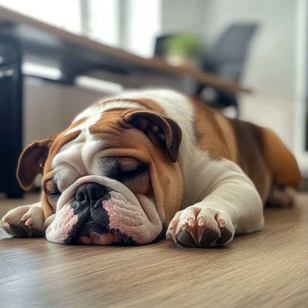 A brown and white English Bulldog lies peacefully asleep on a light brown wood floor.  Its eyes are closed, and its paws are neatly tucked beneath it.  The background is blurred, showing a glimpse of an office or home setting. The dog appears relaxed and comfortable in its slumber.