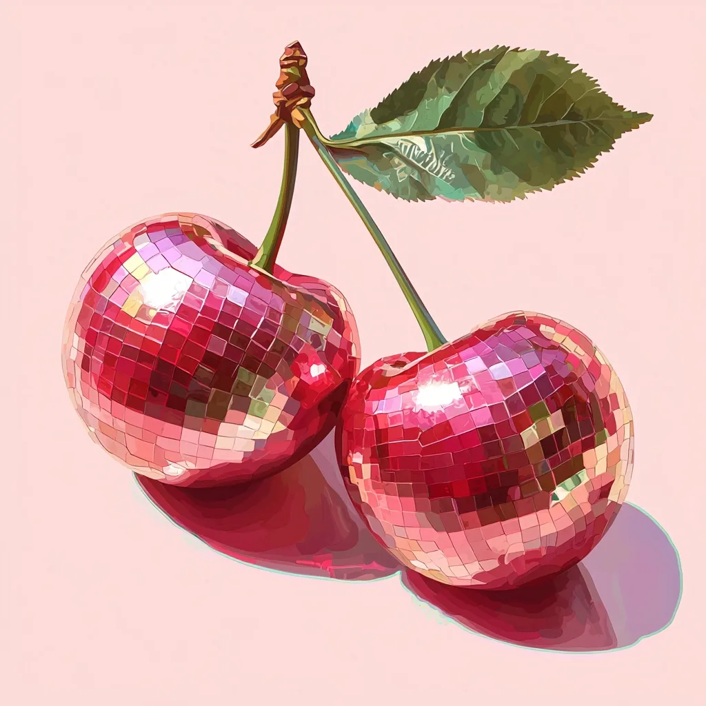 Two cherries, rendered in a vibrant, stylized manner, dominate the image.  Their surfaces shimmer like disco balls, reflecting light in numerous facets.  A single, verdant leaf extends from the stem connecting the two glossy red fruits.  The background is a soft, pale pink, enhancing the cherries' bright, playful aesthetic.  The overall style is bold and contemporary, a striking pop art representation of a common fruit.