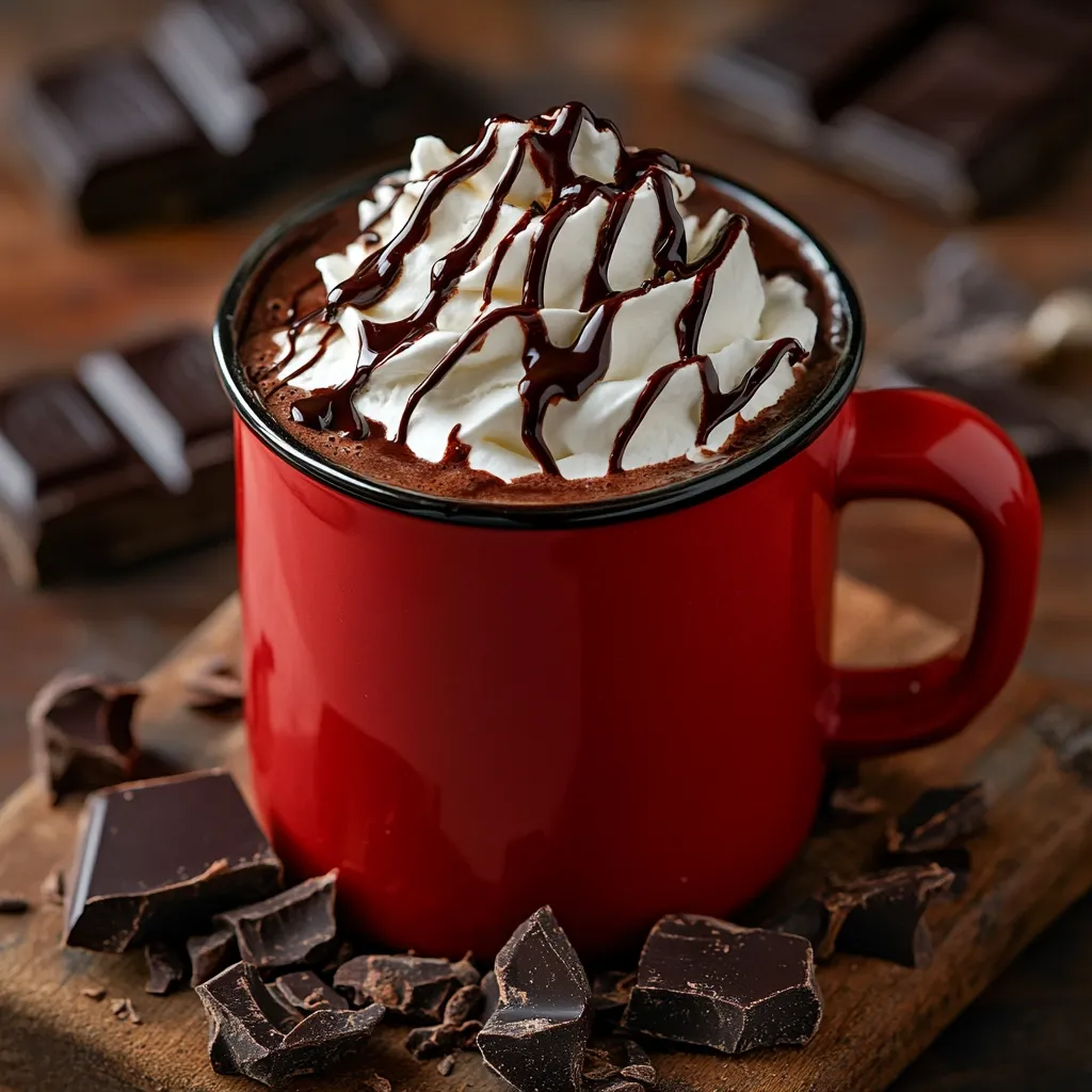 A rich, dark hot chocolate sits in a red mug, topped with a generous swirl of whipped cream and a decadent chocolate drizzle.  Pieces of dark chocolate are scattered around the mug on a wooden surface, adding to the indulgent, cozy atmosphere. The image evokes feelings of warmth and comfort, perfect for a chilly evening.