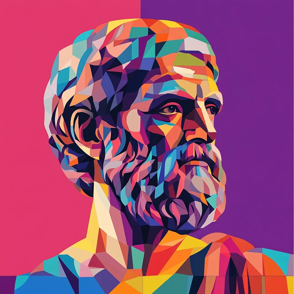 A vibrant, low-poly portrait of an elderly man, possibly a depiction of a philosopher or historical figure.  The image is rendered in a bold, colorful style, utilizing sharp geometric shapes and contrasting hues of pink, purple, and orange to create a striking visual effect. The man's face is detailed, showcasing his beard and thoughtful expression. The artwork is modern and expressive.