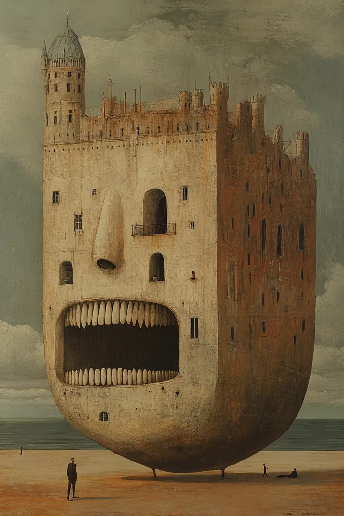 A surreal painting depicts a colossal, castle-like structure shaped as a face with an enormous open mouth filled with teeth.  Small human figures are dwarfed by its size, emphasizing the structure's imposing presence on a desolate beach under a cloudy sky. The architectural details are reminiscent of a medieval fortress, creating a blend of fantasy and unease. The overall effect is one of unsettling grandeur and scale.