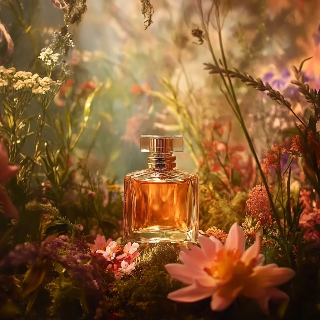A bottle of amber perfume sits nestled amongst a vibrant array of wildflowers.  The warm, golden light accentuates the fragrance's rich color and the delicate beauty of the surrounding blooms.  The scene evokes a sense of natural elegance and feminine charm. The overall aesthetic is soft, romantic, and luxurious.
