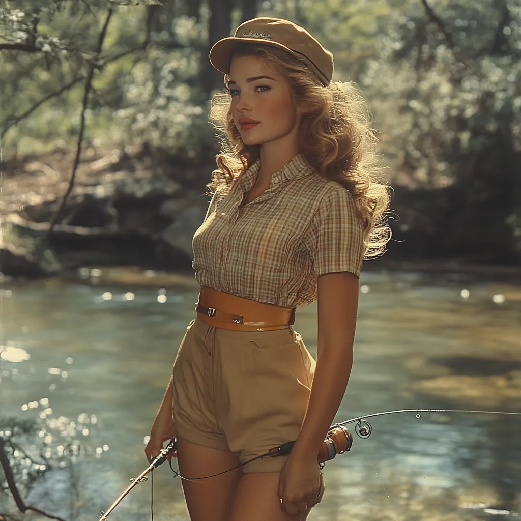 A young woman with long, wavy blonde hair stands by a river, holding a fishing rod. She's dressed in vintage-inspired attire: a beige gingham shirt, a wide orange belt, and khaki shorts.  A light brown cap sits atop her head. The scene is idyllic, bathed in warm sunlight filtering through trees.  The overall aesthetic is reminiscent of a classic fashion photograph.