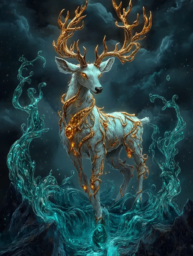 A majestic white stag, adorned with golden antlers and intricate golden vines weaving through its body, stands amidst swirling teal waters.  Its eyes glow with an ethereal light.  The scene is dark and moody, with shadowy clouds and rocky outcrops surrounding the stag, creating a mystical and powerful image. The water appears alive, flowing and forming tendrils around the creature.