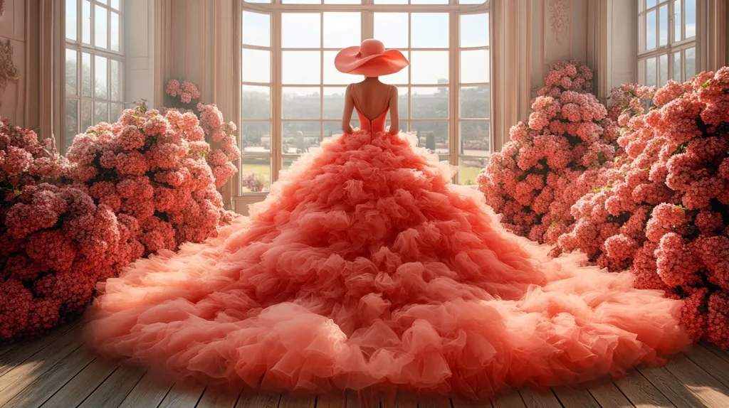 A woman in a voluminous coral tulle gown and matching hat stands before a large window overlooking a garden.  She is surrounded by massive arrangements of coral hydrangeas, creating a breathtaking, romantic scene. The dress's intricate ruffles and the abundance of flowers evoke a sense of fairytale elegance.  The overall image is one of serene beauty and luxurious detail.